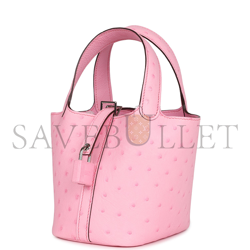 H**mes MASTER MICRO PICOTIN LOCK 14 BUBBLEGUM OSTRICH PALLADIUM HARDWARE (14*12*10cm)